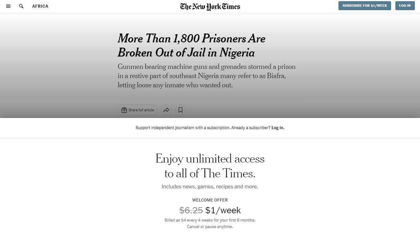 More Than 1,800 Prisoners Are Broken Out of Jail in Nigeria